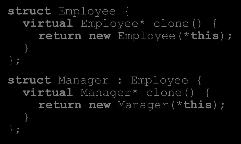 { virtual Manager* clone() { return new Manager(*this); ; void f()