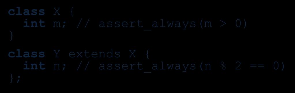 Invariants Conformance Derived must keep Base invariants; can add invariants guarding new fields: class X { int m; // assert_always(m > 0) class Y extends X { int n; //
