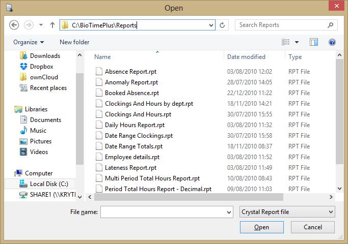 Click Select File. A file browser window will open from which you can select which report to run. Use this window to browse to the Reports folder located inside the TotalTime Plus installation folder.