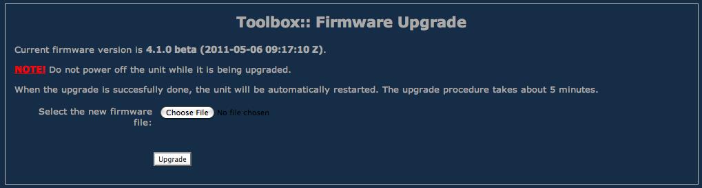 Firmware upgrade The firmware upgrade page allows you to select a downloaded firmware file and upload it to the device.