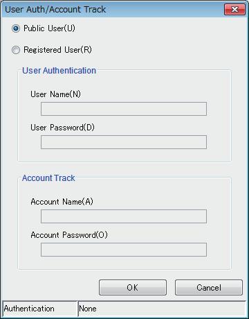 5.1 Launch Job Centro 5 5.1.2 User Authentication/Account Track The user authentication/account track is necessary to display [Main Body Hold/HDD] screen when either or both of the user