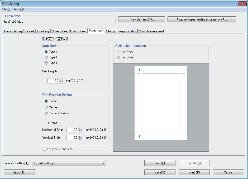 6.3 Job Operation in the Image Controller (Image Controller Hold) 6 [Crop Mark] screen Function Description [Print Crop Mark] You can specify whether to print the crop mark or not.