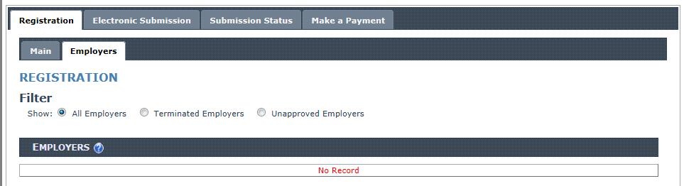 Click on the Employers Tab to bring up the Employers list. When you first enter this screen, there will most likely be a message stating No Record.