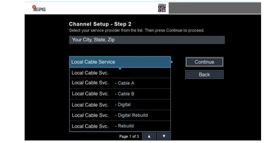 7. On the iepg Channel Setup window (Step 1), use the remote control or wireless mouse to enter in your zip code. Select Continue. A list of local cable service providers appears.