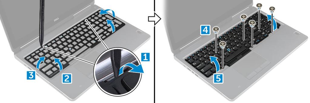 computer [1, 2, 3]. b Remove the M2.0x2.5 screws that secure the keyboard to the computer [4]. c Lift and slide the keyboard to remove it away from the computer [5].