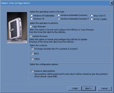 and a link to view the Wyse end user license agreement). Figure 7 Wyse USB Firmware Tool wizard 2. Click Next to open the Select an Option dialog box.