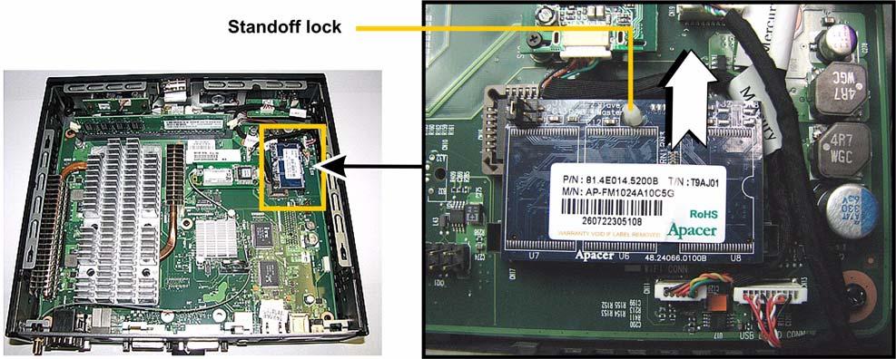 Installing R90L Thin Client Flash and RAM 5 Step 2: Install the R90L Flash Module Warning Flash modules may be susceptible to damage by Electro-Static Discharge (ESD).