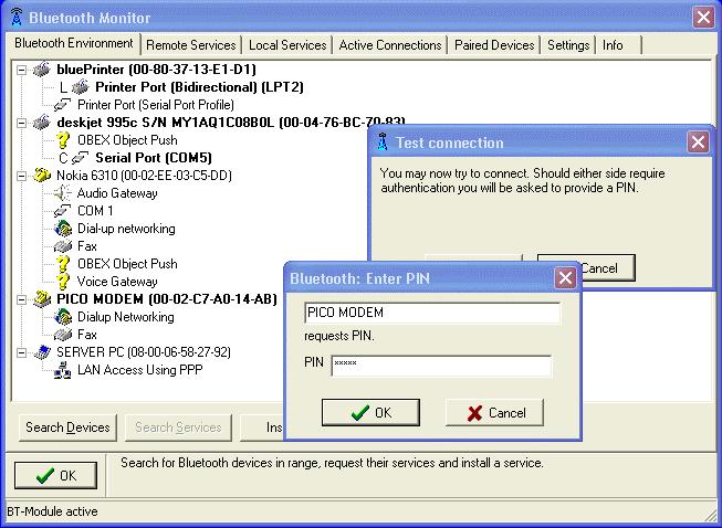 The next dialog allows you to select a virtual port number and to enable security settings. Because modems usually request secure connections it is often not necessary to enable security here.