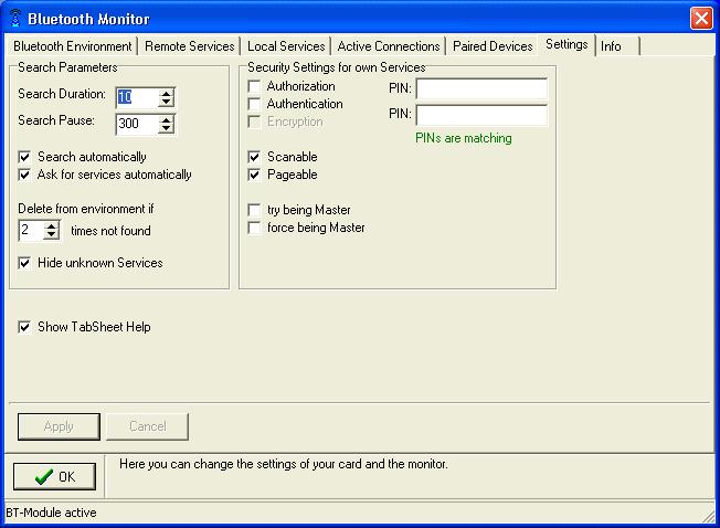 3.2.3 Settings On the Settings tab sheet you can change the basic settings for your Bluetooth PCI Adapter.