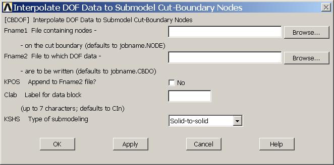 To do the cut boundary interpolation restore the coarse model 4. Enter POST1 5. Point to the coarse results file 6.