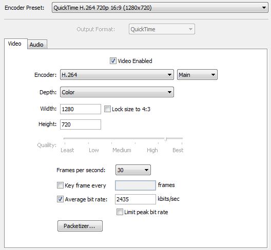 Setting Encoder Presets QuickTime Video 103 QuickTime Video To modify a QuickTime video preset, follow these steps: 1. Open the Encoder Presets window. 2.