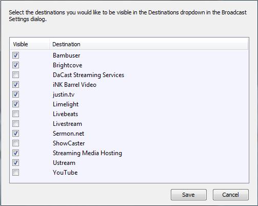 Broadcasting QuickTime Streaming Server 73 More Click the More button to display a check list of destinations. Check the destinations you want to display in the Destination menu.