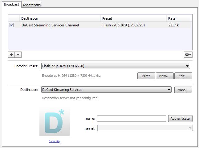 84 Broadcasting Flash To DaCast Streaming Services Flash To DaCast Streaming Services To stream to DaCast Streaming, follow these steps: 1. Select a Flash preset in Encoder Preset. 2.