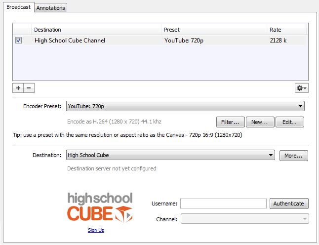 Broadcasting Flash To High School Cube 85 Flash To High School Cube To stream to High School Cube, follow these steps: 1. Select a Flash preset in Encoder Preset. 2.