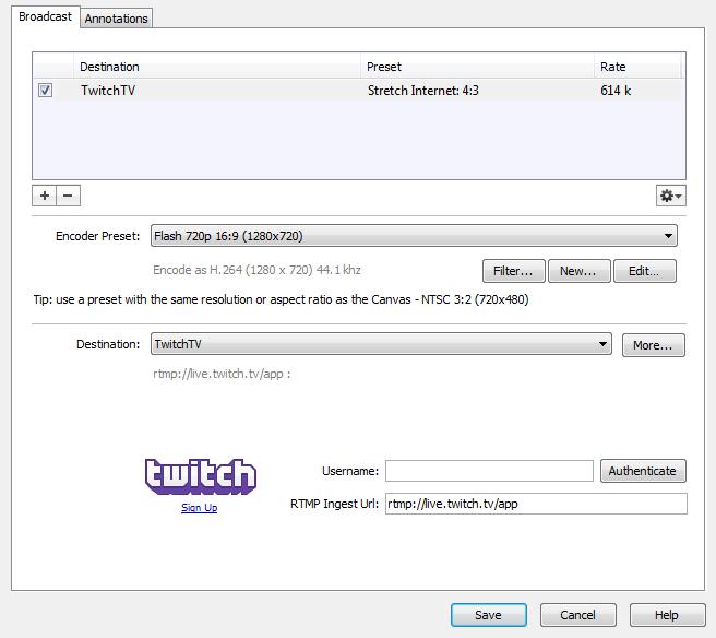 Broadcasting Flash To TwitchTV 95 Flash To TwitchTV To stream to TwitchTV, follow these steps: 1. Select a Flash preset in Encoder Preset. 2. Select TwitchTV from the Destination menu. 3.