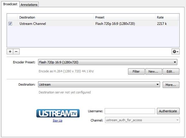 96 Broadcasting Flash To Ustream Flash To Ustream To stream to Ustream, follow these steps: 1. Select a Flash preset from the Encoder Preset menu. 2. Select Ustream from the Destination menu. 3.