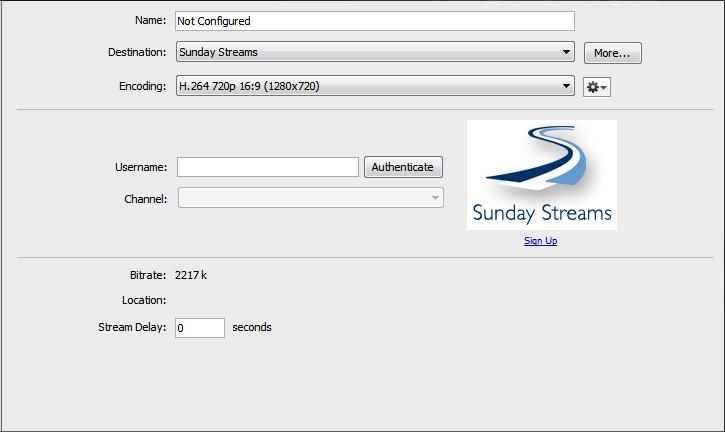 Broadcasting Flash To Sunday Streams 107 Flash To Sunday Streams To stream to Sunday Streams, follow these steps: 1. Select Sunday Streams from the Destination menu. 2. Select an encoder. 3.