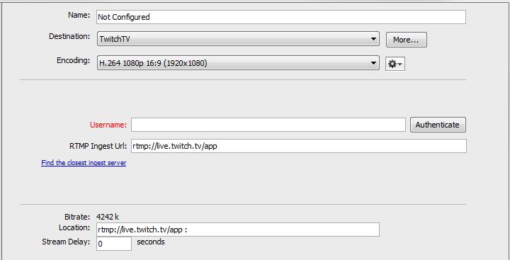 108 Broadcasting Flash To TwitchTV Flash To TwitchTV To stream to TwitchTV, follow these steps: 1. Select TwitchTV from the Destination menu. 2. Select an encoder. 3. Enter your TwitchTV username. 4.