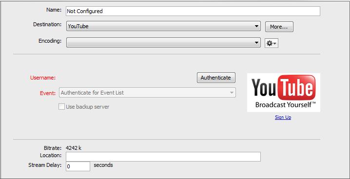 Broadcasting Flash To YouTube 111 Flash To YouTube Note: Custom encoders cannot be used to stream to YouTube. They may only be used to encode a recording to disk.