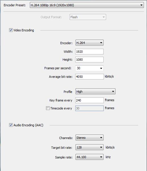 120 Setting Encoder Presets Flash H.264 Flash H.264 To modify a Flash H.264 preset, follow these steps: 1. Open the Encoder Presets window. 2.