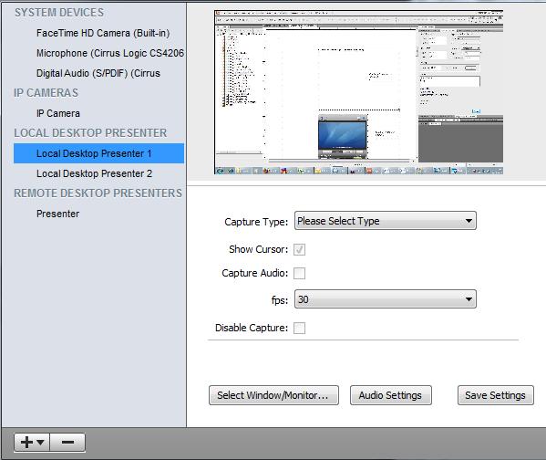 Using the Source Settings Local Desktop Presenter 179 Setup the presenter in the Source Settings window by selecting a Capture Type: Monitor or Window.