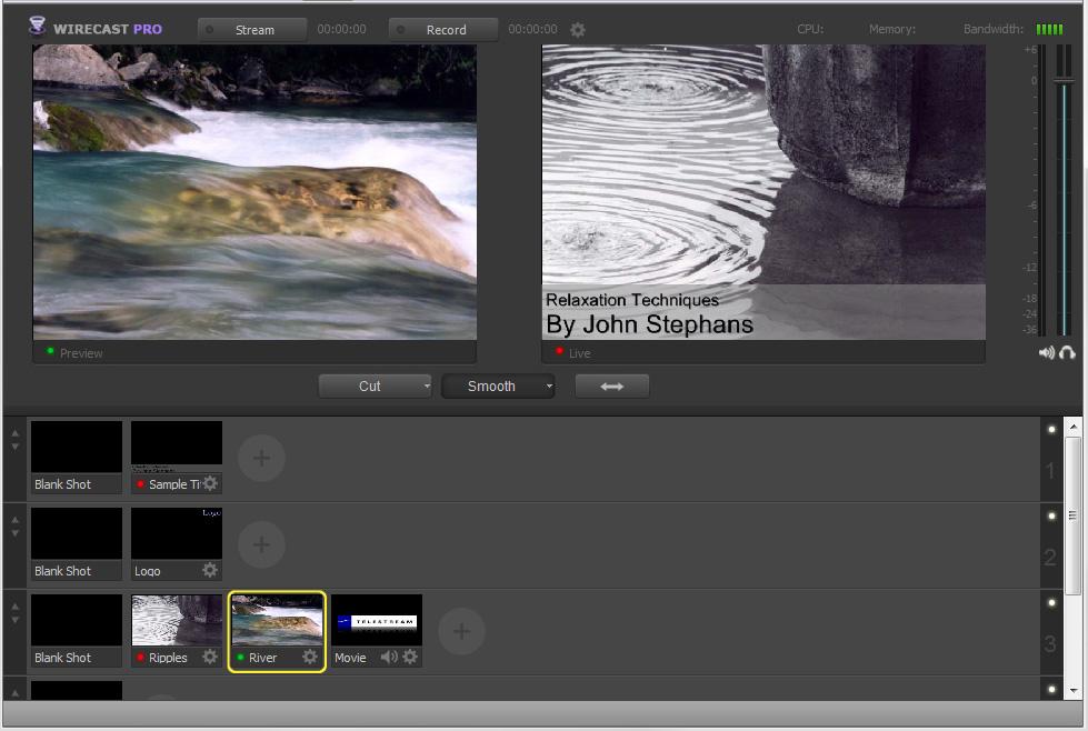 38 Tutorials Tutorial 1: Basic Concepts Select Preview from the Layout menu. A preview window is displayed to the left of the Live Broadcast window. Click the River shot on Layer 3.