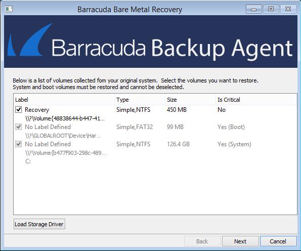 If you choose to restore to a server that does not have identical volumes as the original machine the data was backed up from, the Barracuda Backup appliance will still