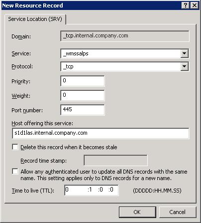 Fig 3. DNS SRV record on Windows Server 2008 R2 8.