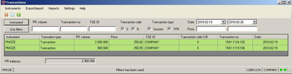 The Transactions window opens, displaying the session transactions (including TPR) on the selected instrument (PMEC-2009 in this case).