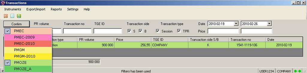 Transaction type and then clicking "Use filters" you can see transactions meeting the filtering criteria.