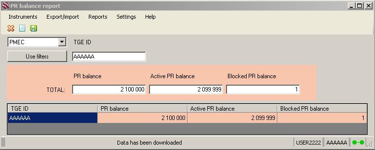 21. PR balances report In order to see the PR balances of the Register Member, click the Reports menu and then PR balances report. The PR balances report" window opens.