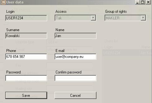 Left-click your login: The User data window opens, displaying your data: type your New password here Your group of