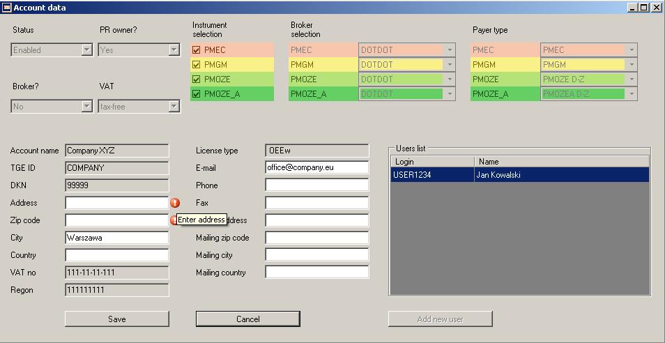 4. System messages: In many of the Register windows, some fields are mandatory (must contain correct input).