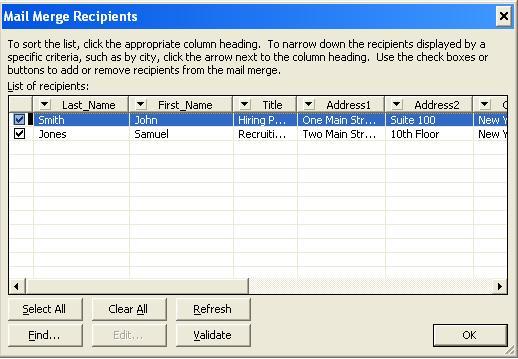 F. After clicking OK, you will see a dialog box like the one shown in Figure 5 below, listing all the rows of data (not including the row containing the column headings, because we checked off First