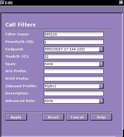 80 Inbound Profile Configuration A sample PBX Call Filter configuration could be: Upon Call filter configuration special attention should be played to the selection of the following components: