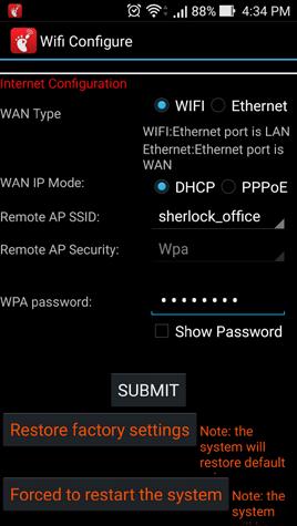 (2) Network Page Setup 1. Choose " Network Page Setup " for configuration page. 2. WAN Type : Select " WiFi ". 3. WAN IP Mode : Select " DHCP ". 4.