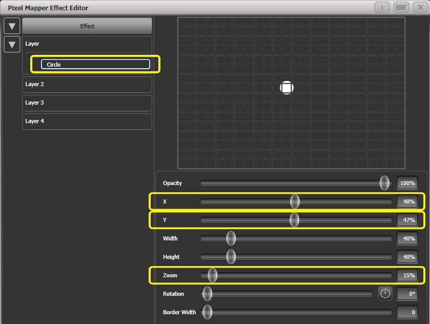 Then drag the 'X' and 'Y' sliders to position the circle roughly in the centre of your fixtures if it is not already.