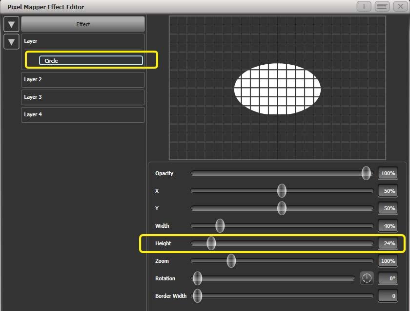 6. Shapes and Pixel Mapper effects - Page 129 Reduce height to make a rugby ball (or American football if you insist). 4> Double-click on [Circle] (or press [+]) and select the Zoom animation.