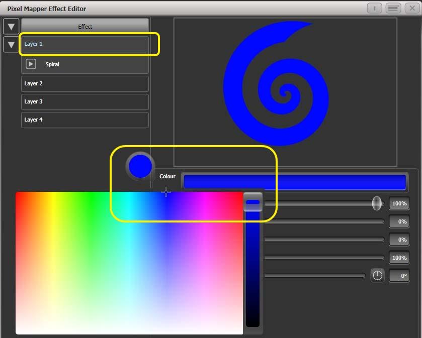 Page 132 6. Shapes and Pixel Mapper effects 5> Select the Layer to show the layer controls and change the colour to blue using the colour picker. 6> Record the cue.