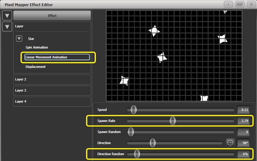 6. Shapes and Pixel Mapper effects - Page 137 Now each new shuriken starts rolling at a different height on the grid.