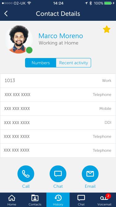 Mitel Phone Manager Mobile 4.3 From a user contact screen you can call the user, initiate a chat conversation or send them an email.