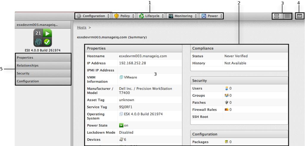 Red Hat CloudForms 4.2 Managing Infrastructure and Inventory 2.8. VIEWING A HOST You can click on a specific host to review it.