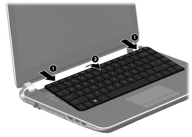 Gently slide your finger along the top edge of the keyboard to release the keyboard clips (1). Lift up the rear edge of the keyboard (2). 7.