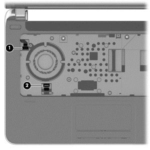 2. Disconnect the power button cable (1) and the TouchPad cable (2). 3.