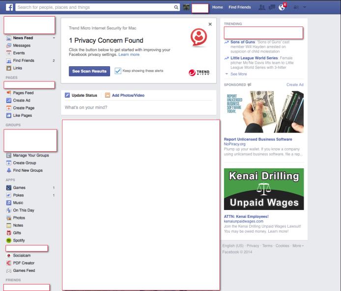 The Facebook home page appears, with the Trend Micro Privacy Scanner showing at the top. Figure 40.