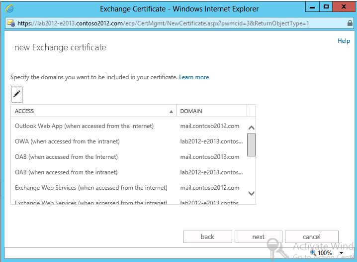 6. For each service in the list shown, specify the external or internal server names that users will use to connect to the Exchange server.