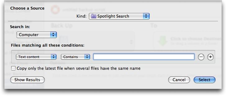 Spotlight Search You can use a search from Spotlight, Mac OS X's search technology, as a source for your scripts.