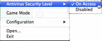 To set the Real time Scanning level for Antivirus Right click on the system tray icon Move the mouse cursor over Antivirus Security Level The available security levels are: On Access - Every file
