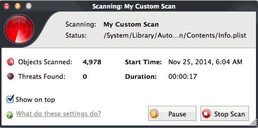 Scanning will commence immediately after the updates are installed. On scan completion, the results screen will list the name and risk level of all threats found.