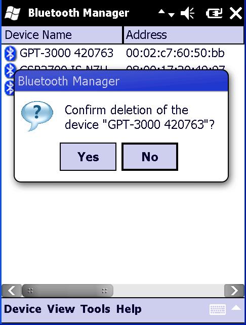 Working with Bluetooth Manager Deleting a Device from the List To delete a device from the List of Favorite Devices: 1. Select the device, and tap Device Delete. A confirmation message appears. 2.